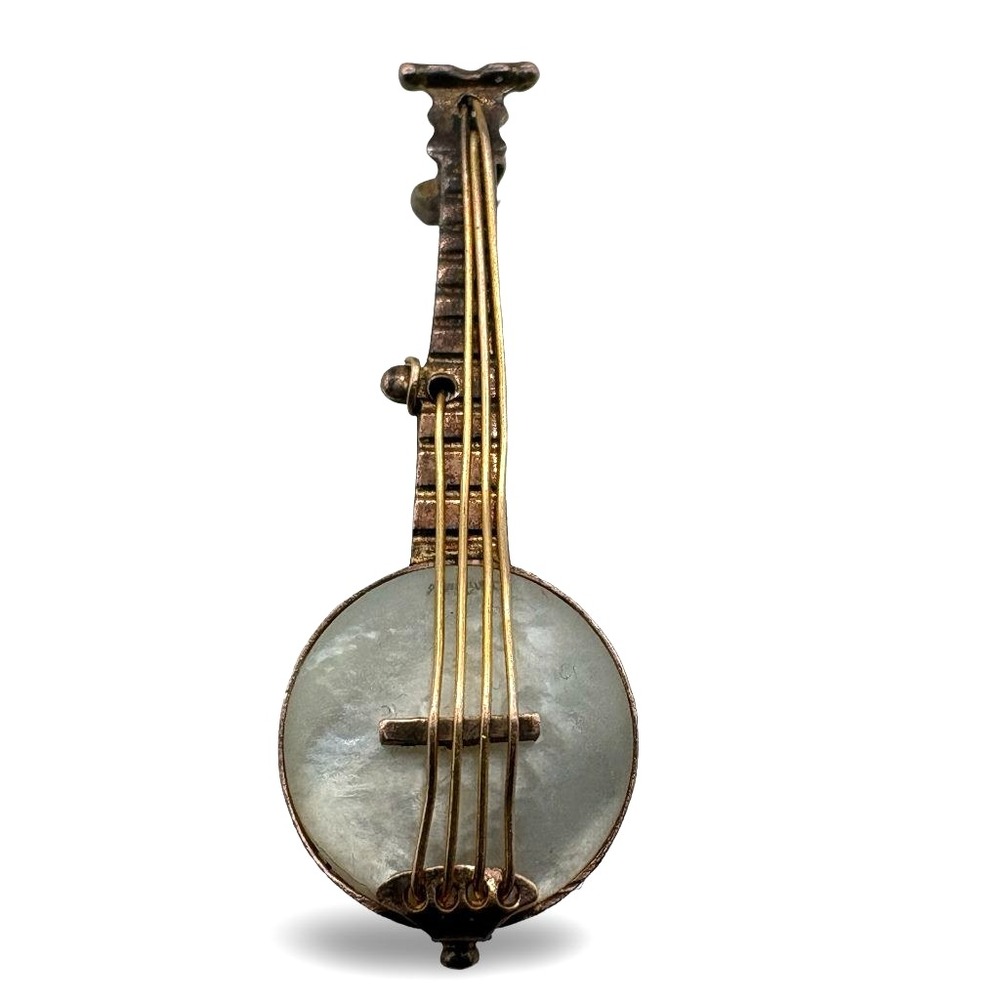 Vintage 9ct Gold Banjo Brooch 1931 Birmingham Hallmark Mother of Pearl Music Pin